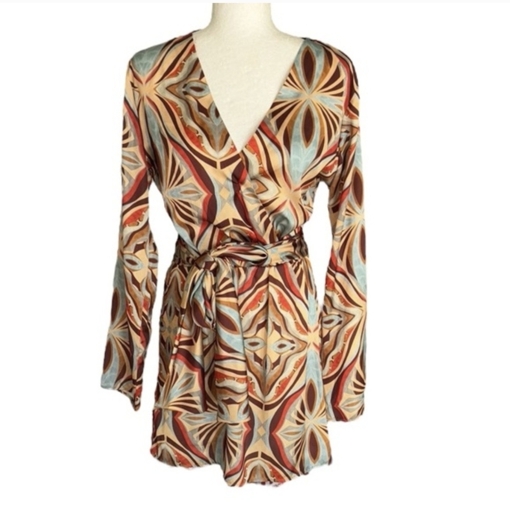 Zara Geometric Print Satin Wrap Tie Waist Mini Dress NWT Size Large